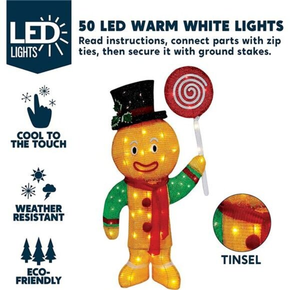 3FT Christmas Gingerbread Man Tinsel Yard Light 50 Pre-Lit LED Warm White Lights - Picture 2 of 7